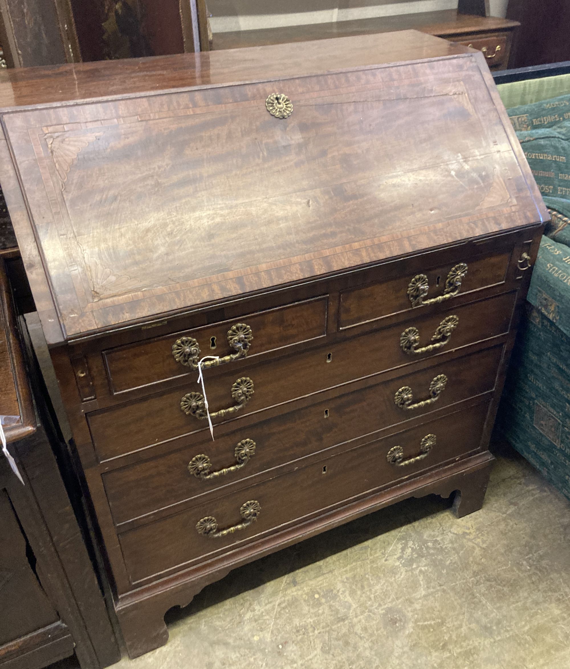 A George III satinwood inlaid mahogany bureau, width 92cm, depth 51cm, height 108cm